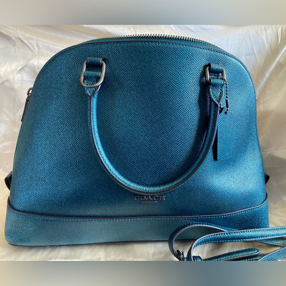 Coach Metallic Teal Satchel with Silver Hardware Handbag